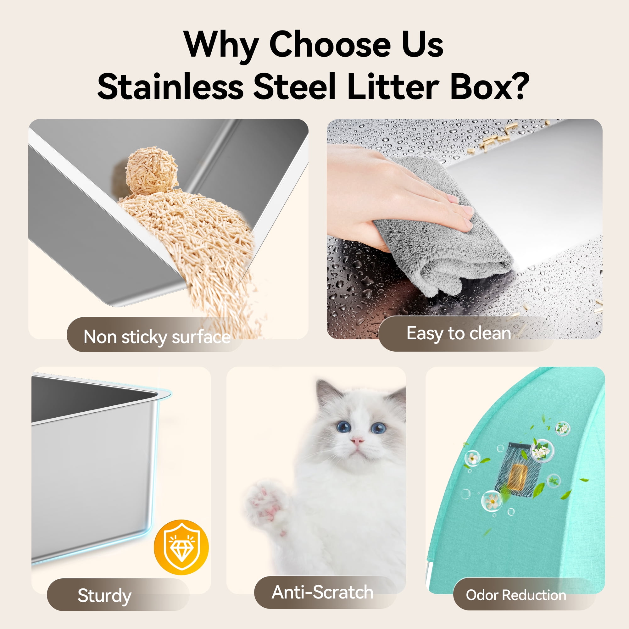 Stainless Steel Cat Litter Box with High-Sided Oxford Fabric Cover,Extra Large Square,Easy to Clean