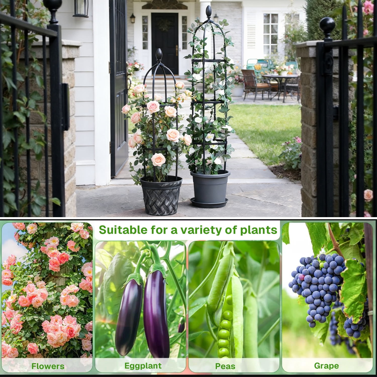 BN-LINK 2 Pack Garden Obelisk Trellis, Rustproof Metal Potted Plant Climbing Support, Tower Garden Trellis for Climbing Plants Outdoor,Black
