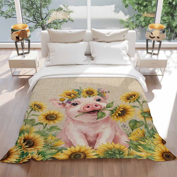 Flannel Fleece Throw Blankets Farmhouse Pig with Sunflower Throws Blankets, Pastoral Flower Retro Linen Lightweight Soft Warm Blanket for Couch Sofa Bed Living Room All Season Use, 60x80in
