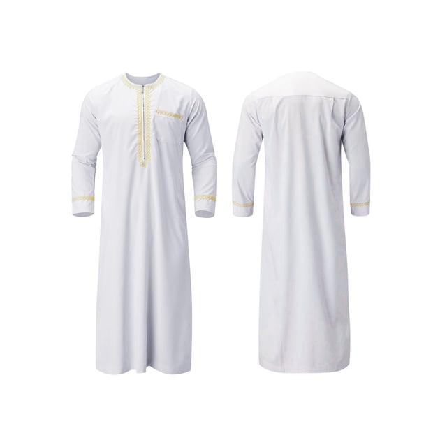 Nituyy Men's Kaftan Robe, Gold Embroidery Long Sleeve Round Neck Loose Long Robe Ethnic Style National Costume