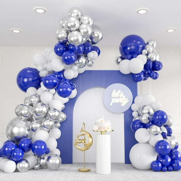 136pcs Balloon Garland Kit, Royal Blue Silver White Confetti Balloons, 18 12 10 5 Inch Arch Decor for Birthday Wedding New Year Graduation Party, Blue