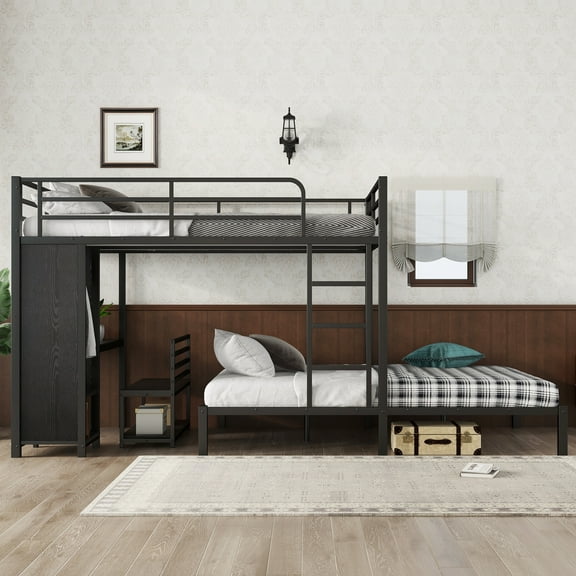 Queen over Queen Bunk Bed with Built-in Wardrobe & Desk, Multifunctional Metal Bunk Bed with Storage Chairs, Space-Saving Bed Frame for Shared Rooms, Black