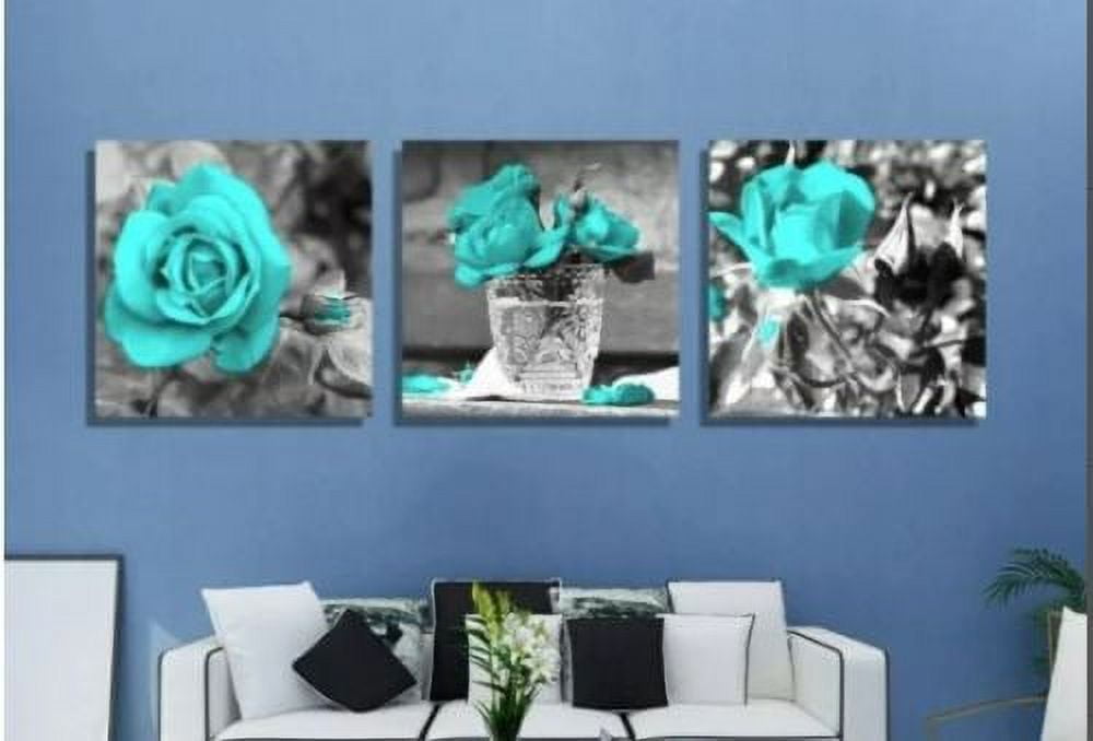 Turquoise Wall Decor 3 Piece Canvas Wall Art Teal Blue Rose Flowers Pictures Painting Unframed Artwork for Gallery Bedroom Bathroom Living Room, 12x12"