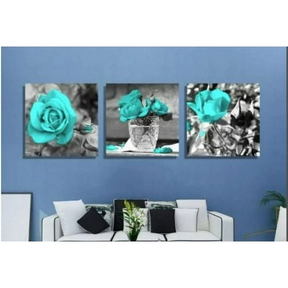 Turquoise Wall Decor 3 Piece Canvas Wall Art Teal Blue Rose Flowers Pictures Painting Unframed Artwork for Gallery Bedroom Bathroom Living Room, 12x12"