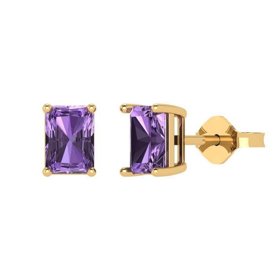 1 ct Push-Back Stud Earrings for Women | 6x4mm Emerald Cut Simulated Alexandrite | 18K Yellow Gold