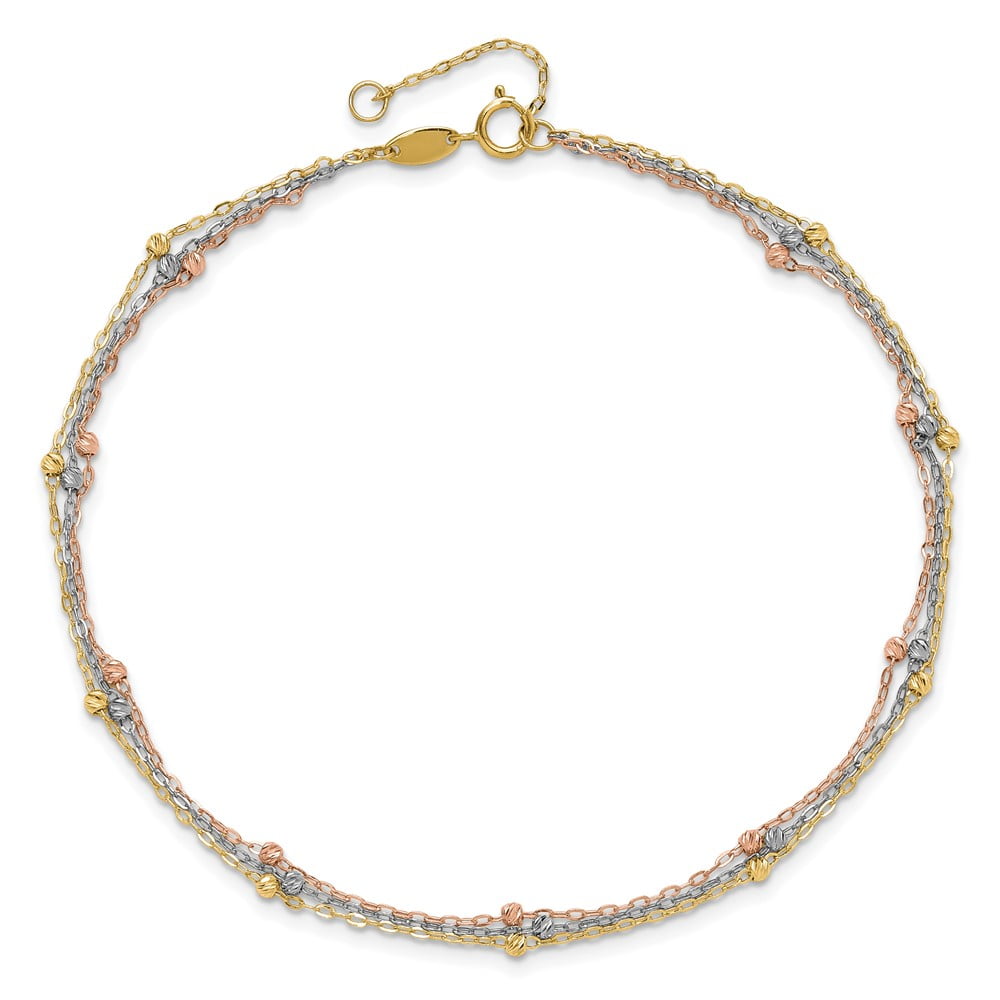 Primal Gold 14 Karat Tri-color 3-Strand Diamond-cut Beaded 9-inch Plus 1-inch Extension Anklet