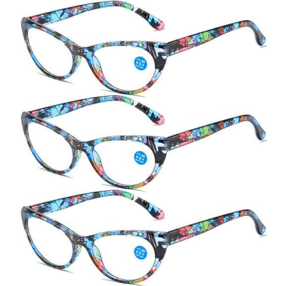 3 Pairs of Cat Eye Blue Floral Print Reading Glasses Blue Light Blocking Ladies Readers Spring Hinge Presbyopia Glasses 3.00 for Women