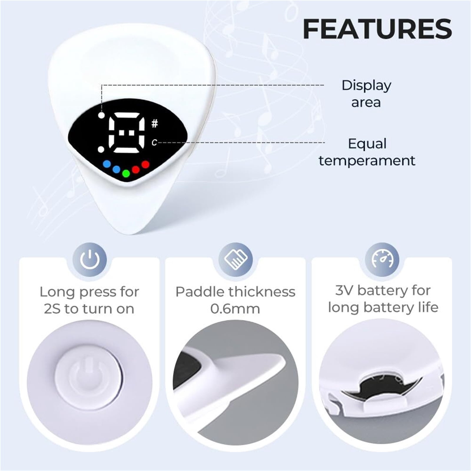 2 In 1 Guitar Tuner and Guitar Pick, 2025 New Digital Guitar Pick with LED Screen Display, Efficient Tuning Guitar Pick Tuner, Guitar Pick Plectrum with 12 Equal Temperaments Musical Note