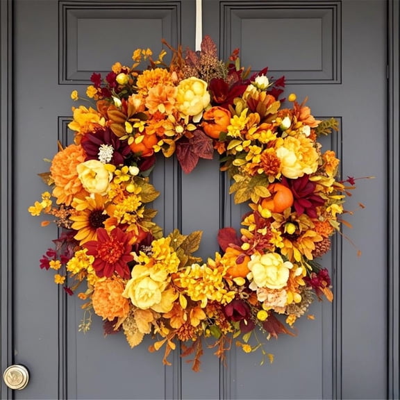 Kingtowag Fall Home Decorations Wreath 17.72" Autumn Front Door Artificial Pumpkin Wreath with Artificial Flowers and Fallen Leaves for Indoor Outdoor Farmhouse Thanksgiving Decor