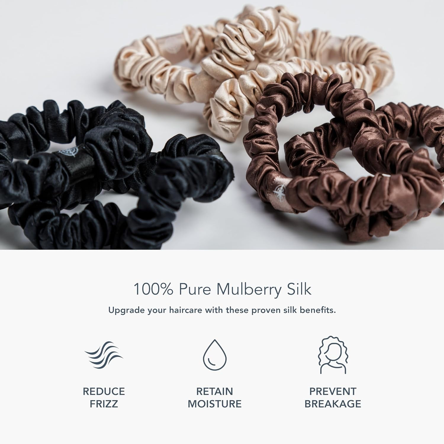 Fishers Finery Skinny Silk Scrunchies - 25 Momme Pure Mulberry Silk Hair Tie Set Prevents Breakage and Frizz (Taupe|Chocolate|Black- 6 Pk)