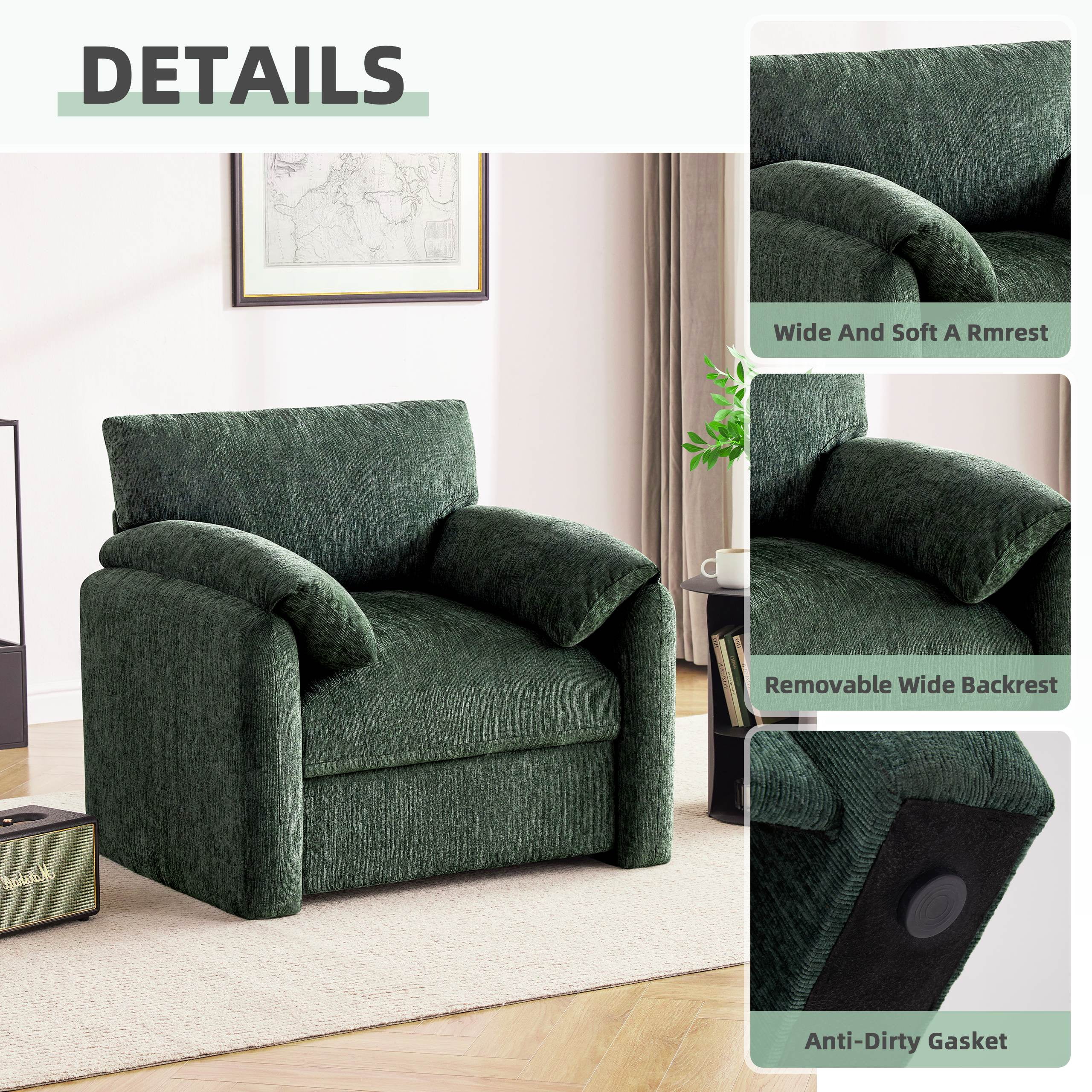Chenille Oversized Armchair, 38.6" Wide Accent Chairs for Living Room & Bedroom Modern Lounge Chair, Upholstered Mid-Century Reading Chair, Comfy Living Room Chair, Single Sofa Chair, Green