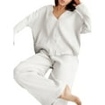 thumbnail image 2 of Women's Loungewear Set Solid Long Sleeve V-Neck Button Tops + Loose Pants 2 Pieces Sleepwear, 2 of 3