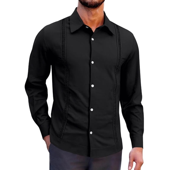 ZVNAΖH Men's Long Sleeve Collared Button Down Linen Shirt, Guayabera Style Casual Top with Pintuck Detail, S-3XL