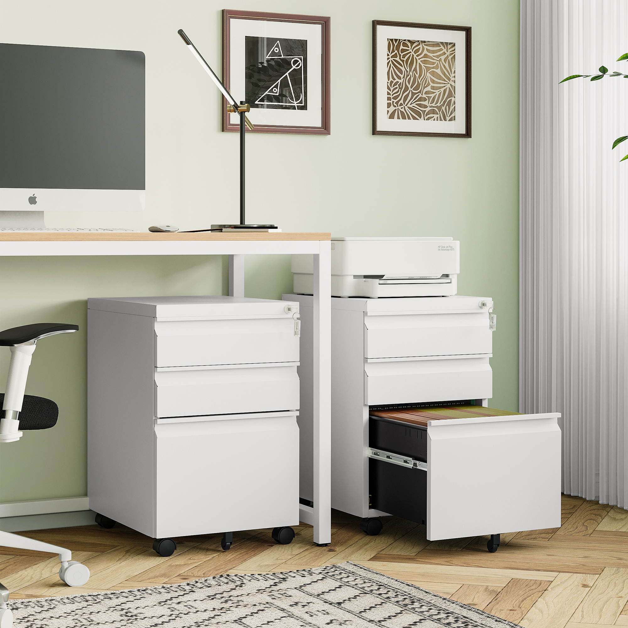 STANI 3 Drawers Storage Cabinet, Mobile Filing Cabinet for Mini Printer Stand, Unassembled Metal Rolling File Cabinet for Home Office(Unassembled,White)