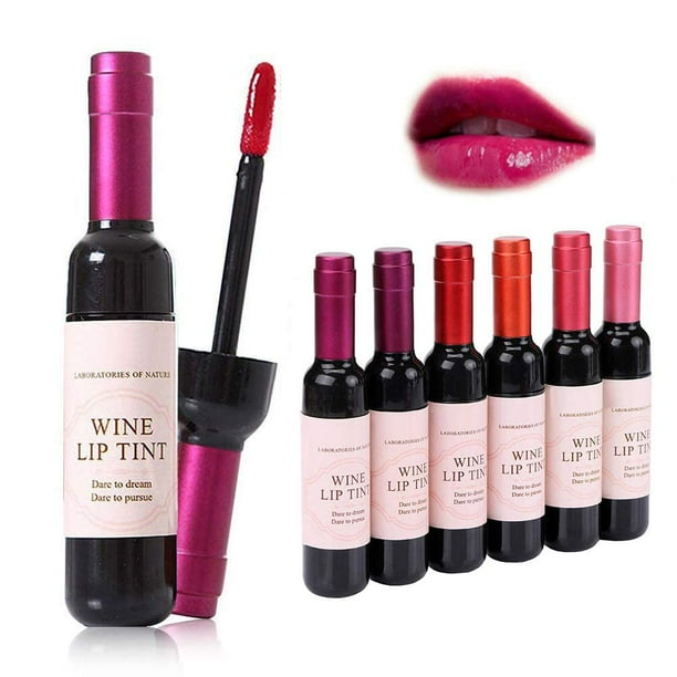 KlsyChry Juego de 6 colores de lápiz labial de vino, mate, de larga duración, resistente al agua, juego de tinte de labios, brillo de labios, tinte de labios, botella de vino, lápiz labial líquido, br