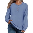 thumbnail image 2 of Women's Loose-Fitting Solid-Color Button-Up Long-Sleeved Round-Neck Pullover Knit Sweater Top for Fall Winter Button Front Style,Light Blue,L, 2 of 6