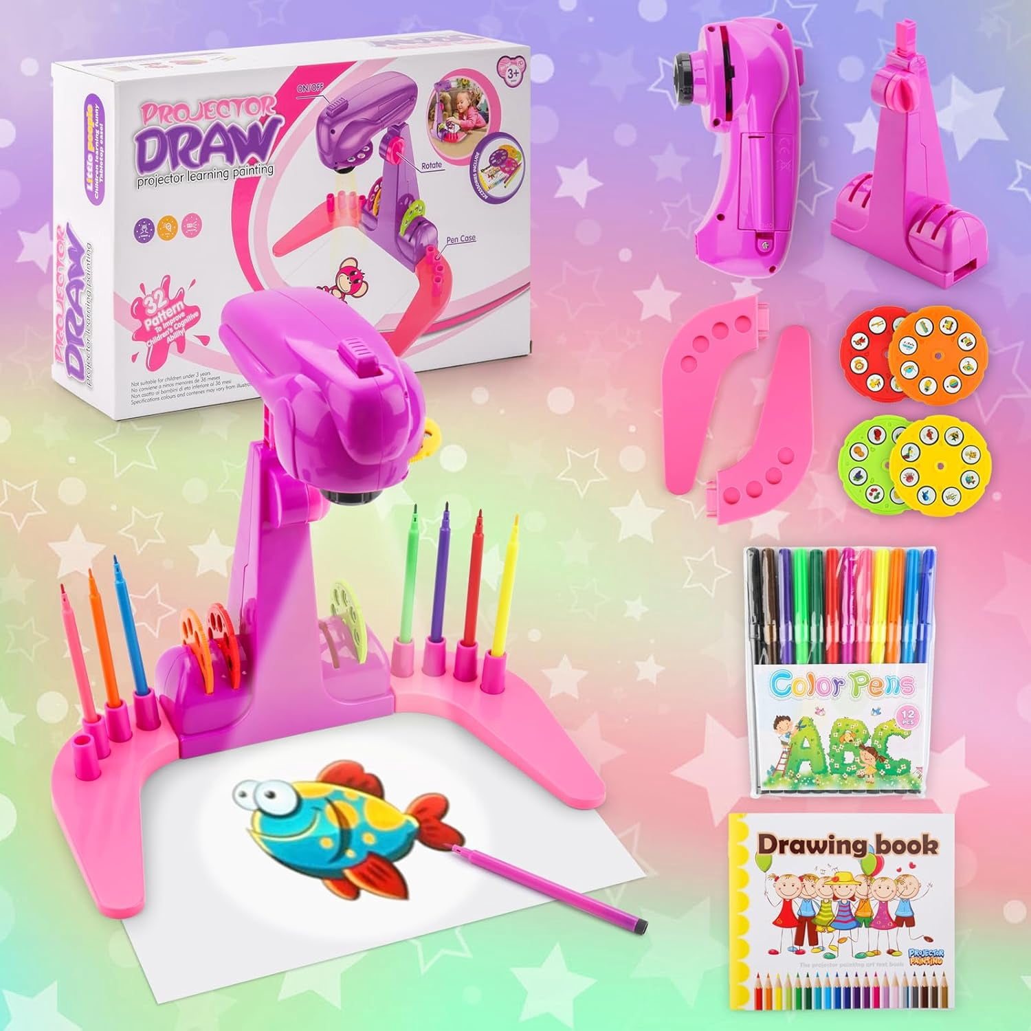 Wiher Kids Drawing Projector, Tracing and Drawing Projector Toys for Girls Aged 3+,Kids Smart Projector with 32cartoon patters and 12color Brushes for Children Learn to Draw and Sketch (Pink)
