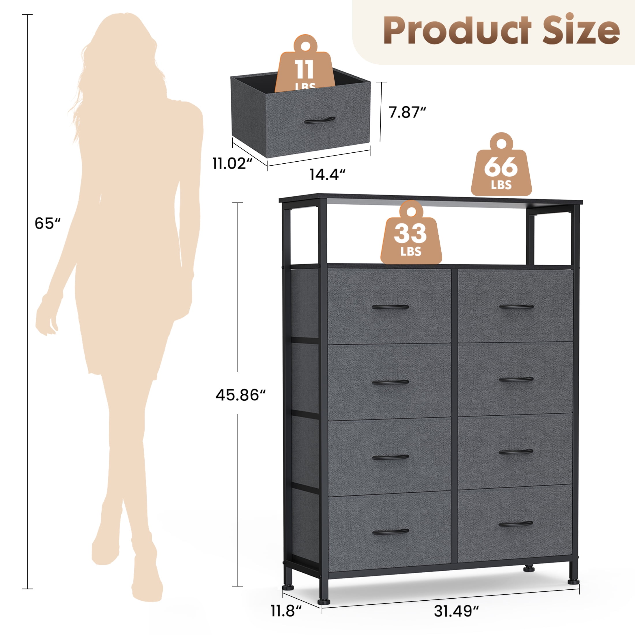 edx 8 Drawers Fabric Dresser, Clothes Storing, Storage Tower Organizer TV Stand, for Bedrooms, Wardrobes, Entryways, and Living Rooms, Gray