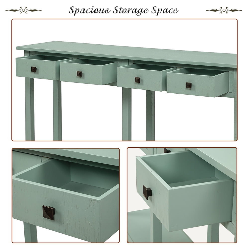 Kepooman Rustic Brushed Texture Wooden Console Table with 4 Drawers and Bottom Shelf for Entryway, 59"L x 15.2"W x 33"H, Tiffany Blue Kepooman Rustic Brushed Texture Wooden Console Table with 4 Drawers and Bottom Shelf for Entryway, 59"L x 15.2"W x 33"H, Tiffany Blue