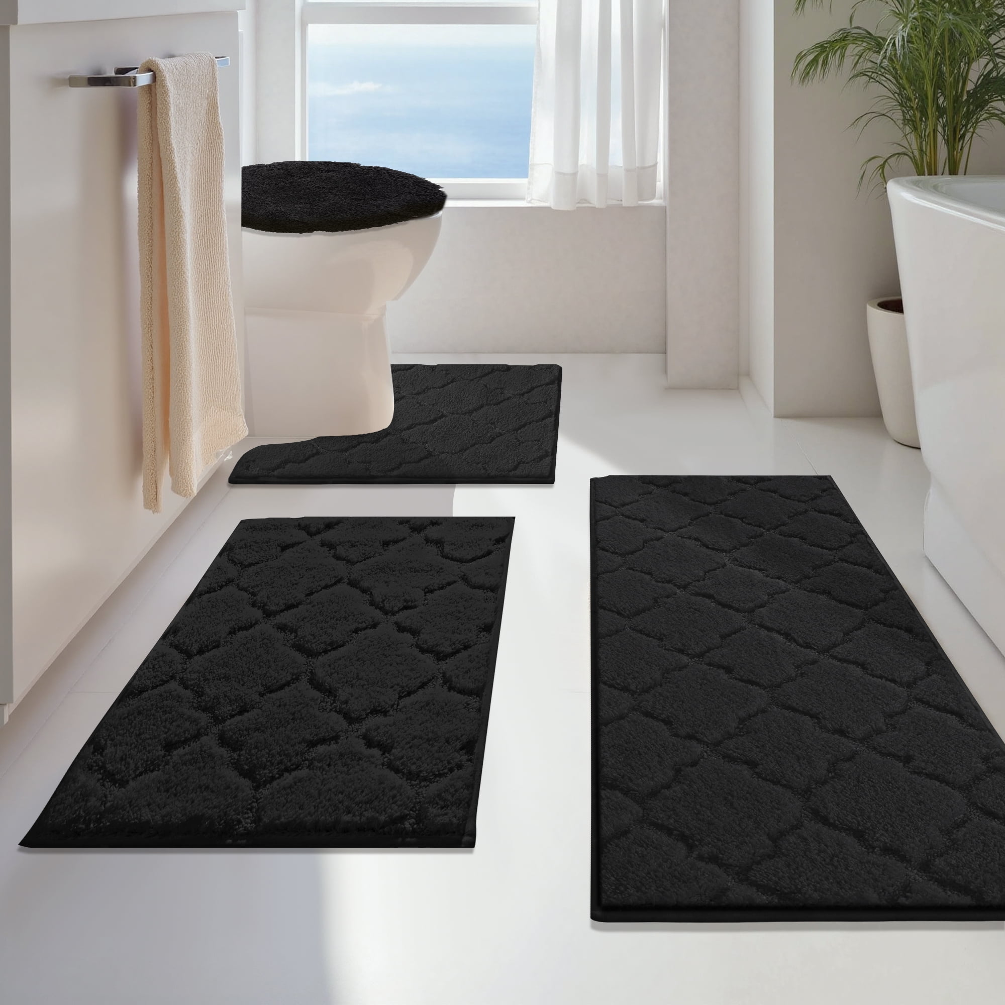 Findosom Bathroom Rugs Sets 4 Pcs with Toilet Lid Cover,U-Shaped Contour Toilet Mat,Non-Slip Machine Washable Absorbentb Rugs and Mats for Bathroom Floor Mats Microfiber Shaggy Bath Rug,Black