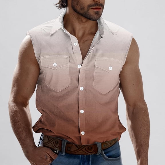 Blczomt Sleeveless Mens Tank Tops Shirt Button Down Tops Collared Beach Vacation Gradient Brown Tank Top