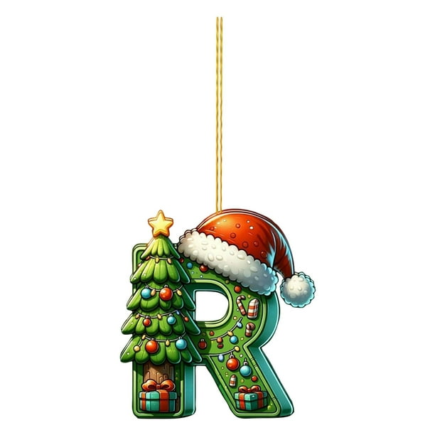 Adorno navideño con letras del alfabeto CLLC, Adornos navideños con letras de la A a la Z, Letras acrílicas verdes 2D con gorro navideño, Letras del alfabeto navideñas colgantes para árbol de Navidad