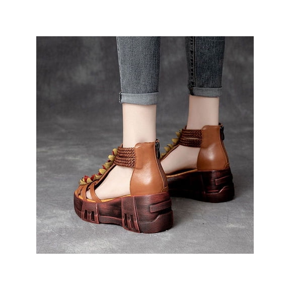AXXD Brown Wedge Sandals for Women Summer Sandals Sandals Daily Flower Open Toe Vintage Leather Zipper Sandals