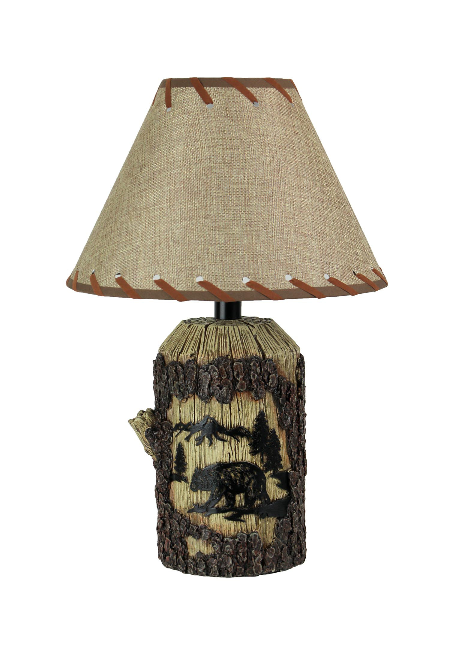 Bear Carved Tree Bark Design Table Lamp, Table Lamp With Burlap Shade