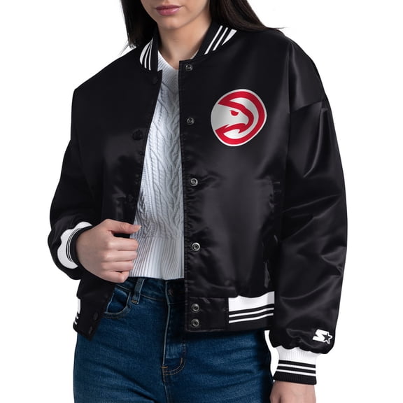 Women's Starter  Black Atlanta Hawks Arch Stripe Full-Snap Satin Varsity Jacket