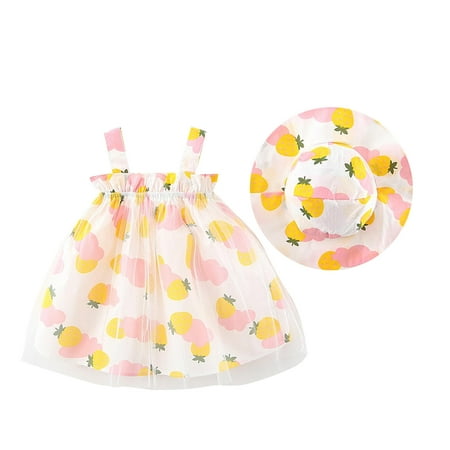 

2023 Summer Cotton Baby New Born Girl Dress Sweet Strawberry Printing Elastic Suspender Girl Kids Dress Hat Baby Girl Clothes