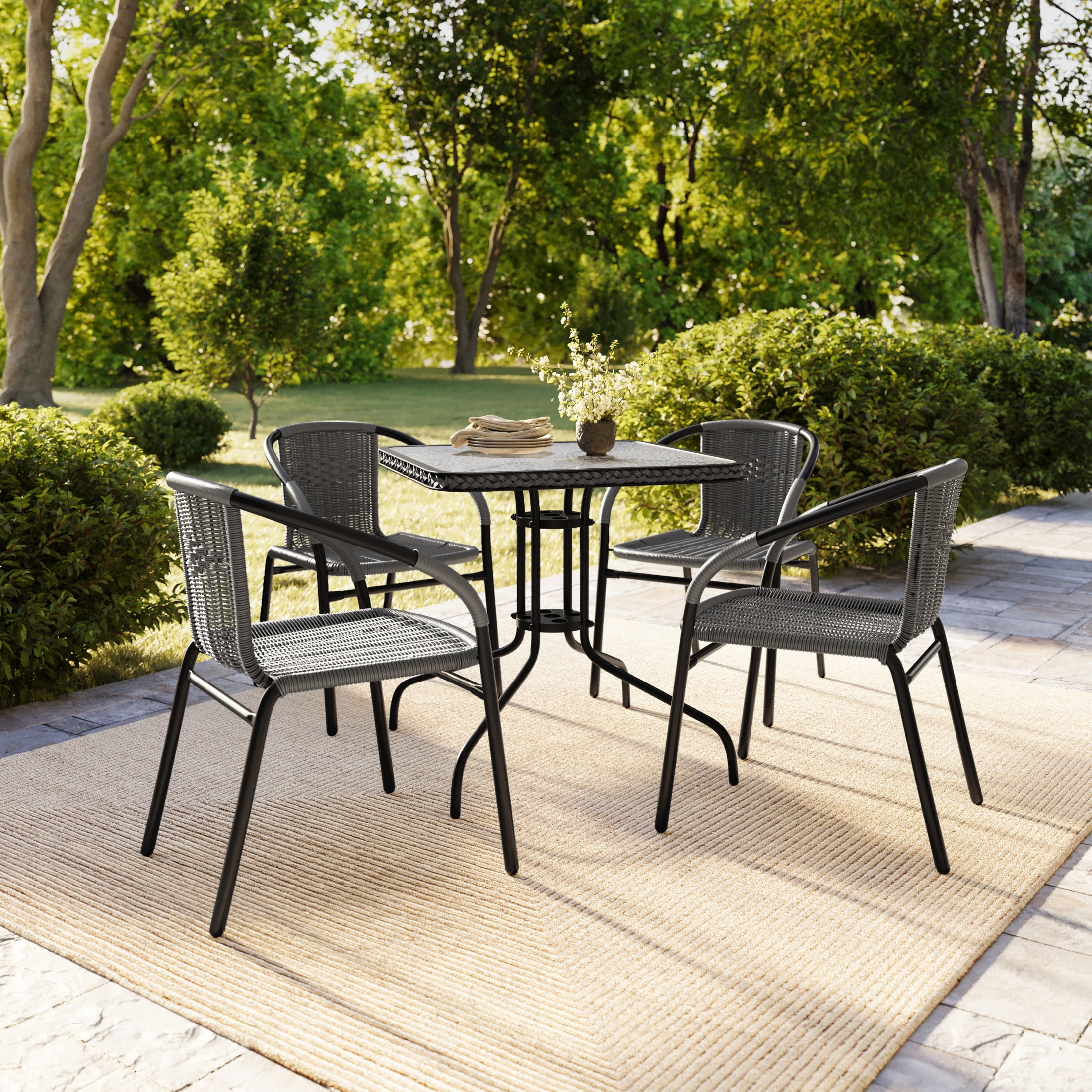 Flash Furniture 28'' Square Glass Metal Table with Gray Rattan Edging and 4 Gray Rattan Stack Chairs