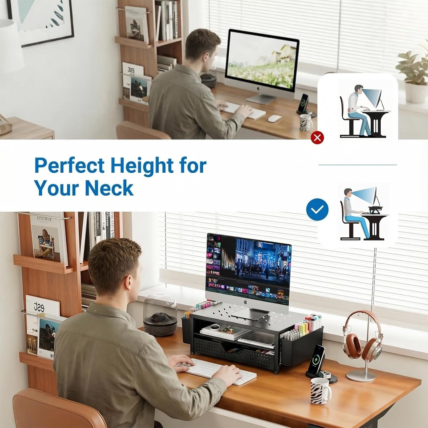 Laptop Stand Desk Organizer, 2-Tier Metal Monitor Stand Riser with Drawer & 2 Pen Holders, Ventilated Perforated Steel Top, Office Desk Accessories for Home Office, Black
