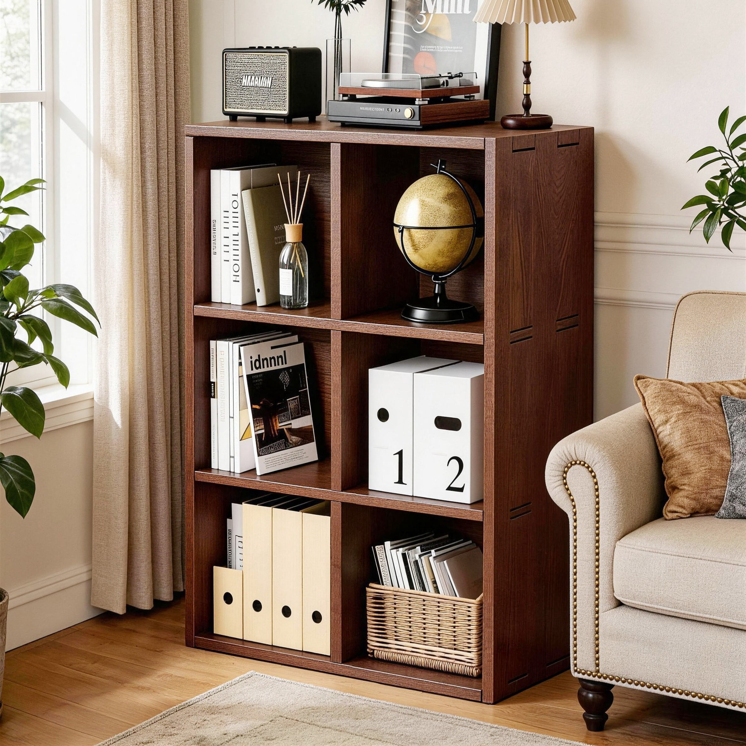 Solid Wood Bookshelf with 6 Storage Compartments, Walnut