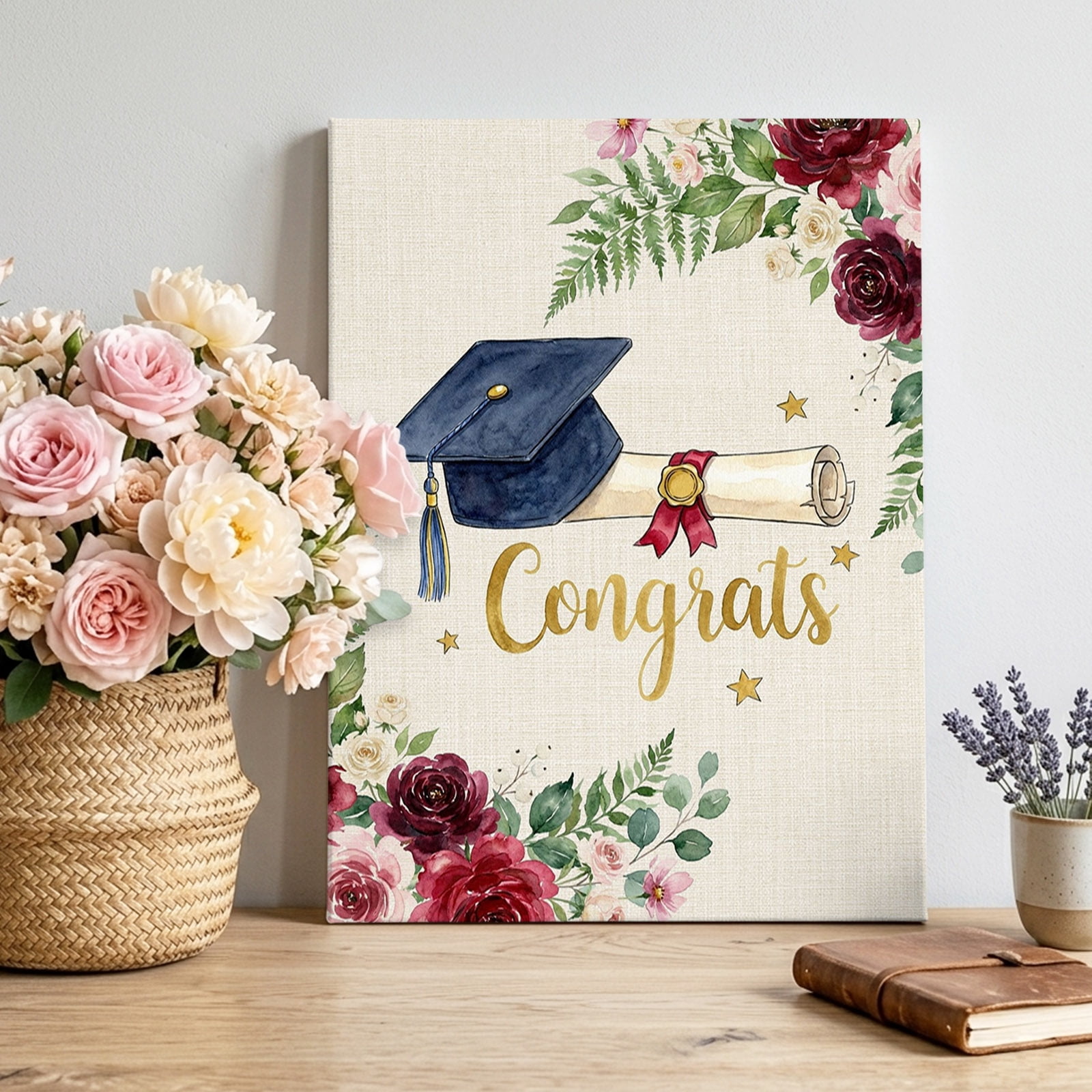 Graduate Season Canvas Wall Art for Living Room, Congrats Grad Bachelor's Cap Flower Leaf Star Wall Decor Framed Artwork Pictures Ready to Hang for Bedroom Office Home Decor