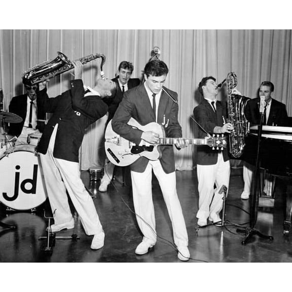 Rock Pretty Baby 1957 John Saxon on guitar Rod McKuen and band 8x10 inch photo