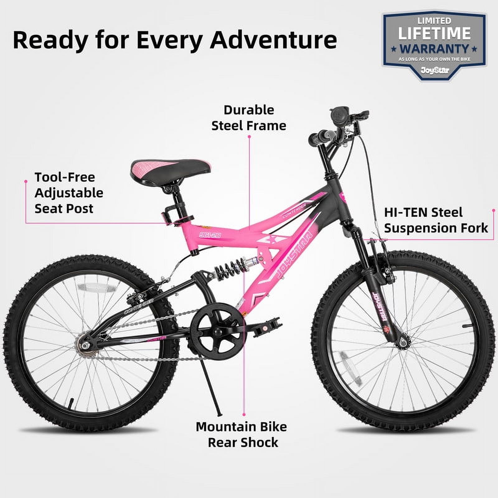 JOYSTAR Contender 20 Inch Kids Mountain Bike for 7-13 Years Boys & Girls, Kids Bicycle with Full Dual-Suspension Steel Frame and 1-Speed Drivetrain with Kickstand, Multiple Colors