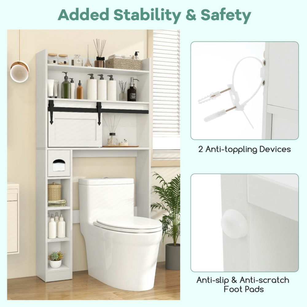 Finihen Toilet Storage Cabinet, Bathroom Cabinet Organizer, Over The Toilet Storage Cabinet with Sliding Barn Door and Adjustable Shelves, for Bathroom, White
