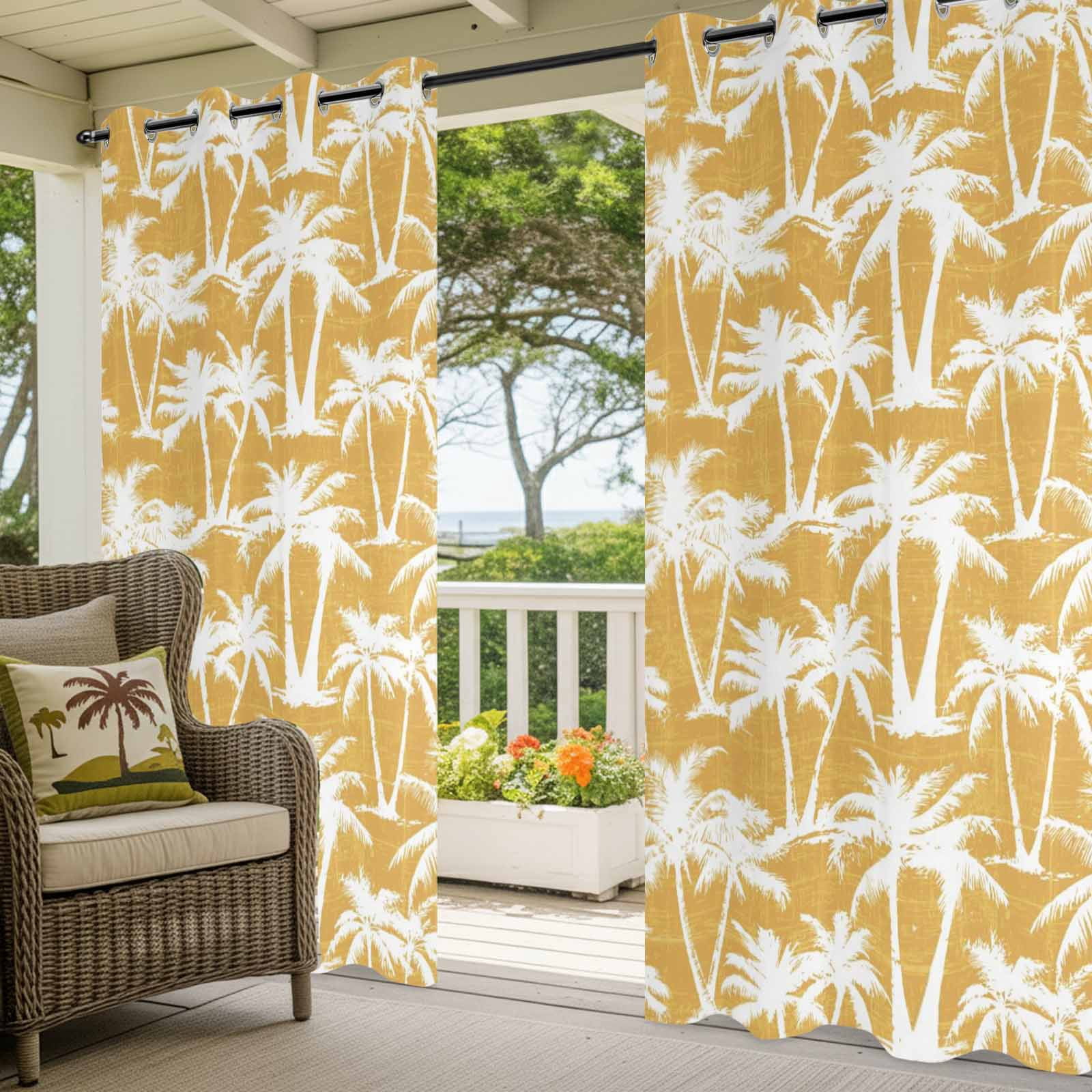 Yellow Palm Tree Outdoor Curtains for Patio, Summer Tropical Country Vintage Silver Tree Leaf Sunshade Privacy Drapes Grommet Waterproof Outside Curtains for Porch/Cabana/Balcony 54"x 108", 1 Panel