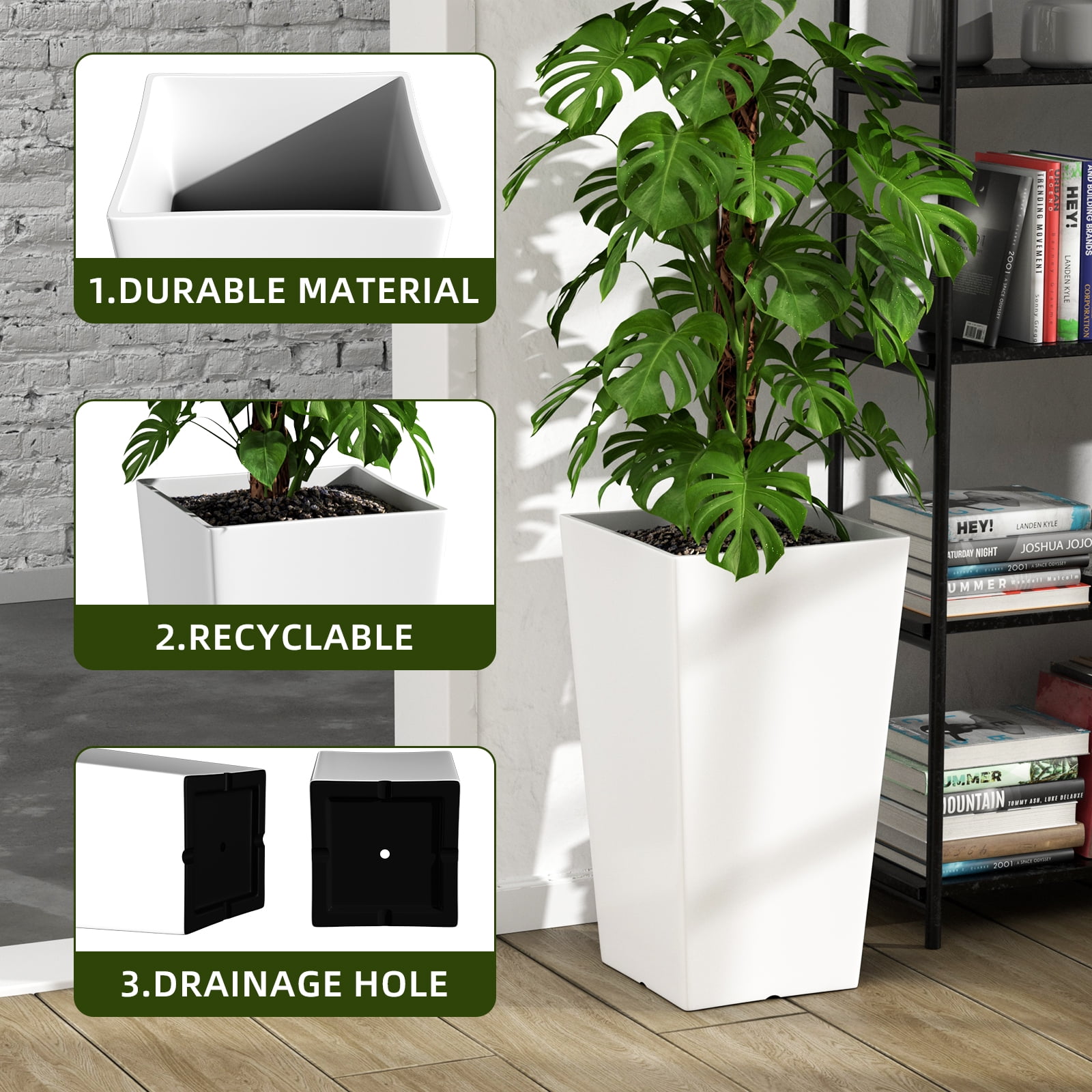 QCQHDU Large Planters for Outdoor Plants Flower Pots Set of 2,Tall Planters for Outdoor Plants,21 inch Outdoor Planters for Front Porch Planters（White）