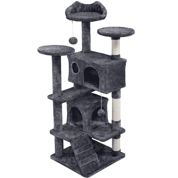 Yaheetech 53.9" H Cat Tree with Double Condos, Scratching Posts & Toys, Dark Gray