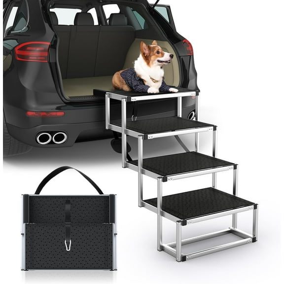 Dog Stairs for Car, Foldable Dog Ramp for Car with Non-Slip Surface, Portable Stairs Aluminum SUV, High Beds, Truck, Supports up to 250 lbs, 4 Steps