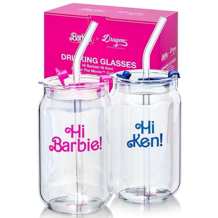 Barbie x Dragon Glassware 16 oz Hi Barbie, Hi Ken Drinking Glasses Set of 2