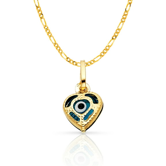 14K Yellow Gold Evil Eye Heart Charm Pendant with 1.2mm Figaro 3 1 Chain Necklace - 16"