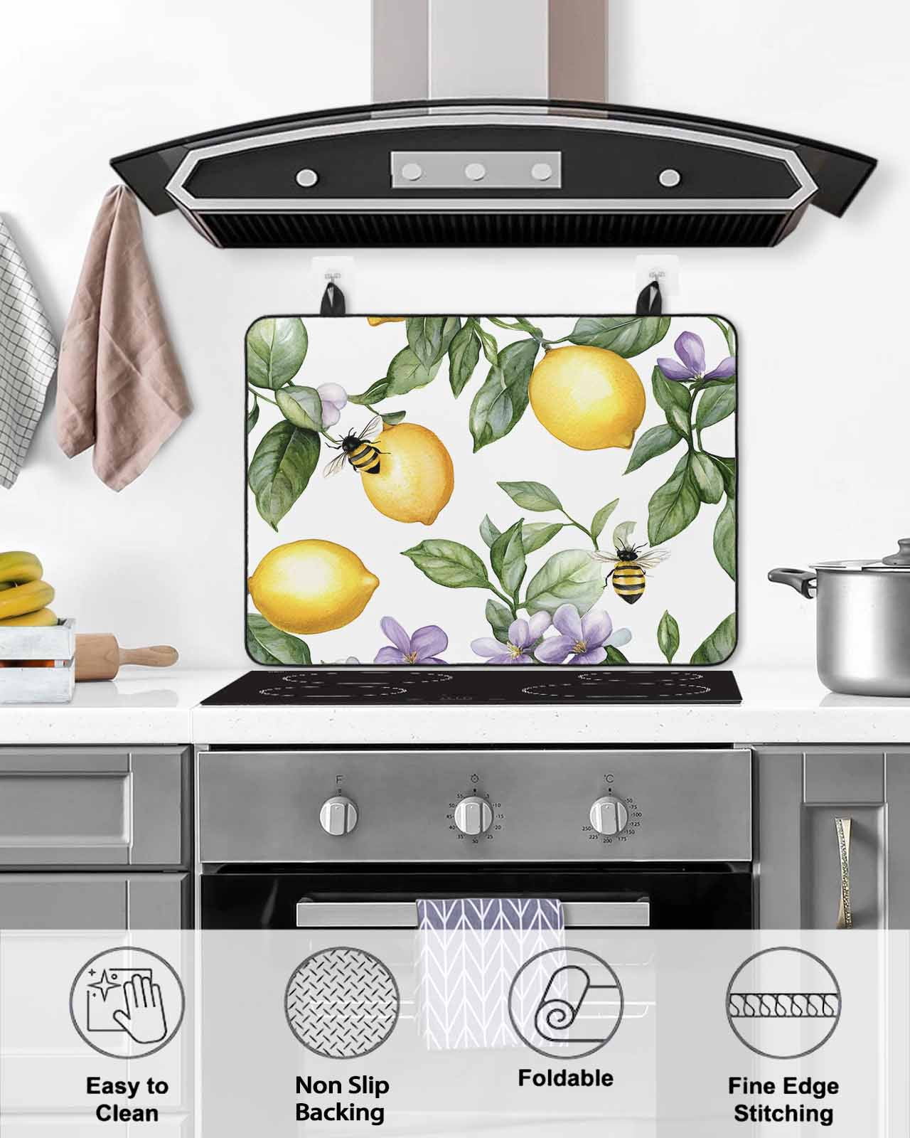 nqOlkjepod Large Induction Cooktop Protector Mat 24"x21", Lemon Stove Top Covers for Electric Stove, Summer Bee Farmhouse Green Leaf Purple Flower Stove Burner Cover Mats, Glass Top Stove Cover