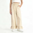 thumbnail image 5 of dazeni Girls Gingham Pants Kids Casual Elastic High Waist Plaid Trousers Soft Ruffle Hem Wide Leg Pants with Pockets Khaki 9-10 Years, 5 of 7