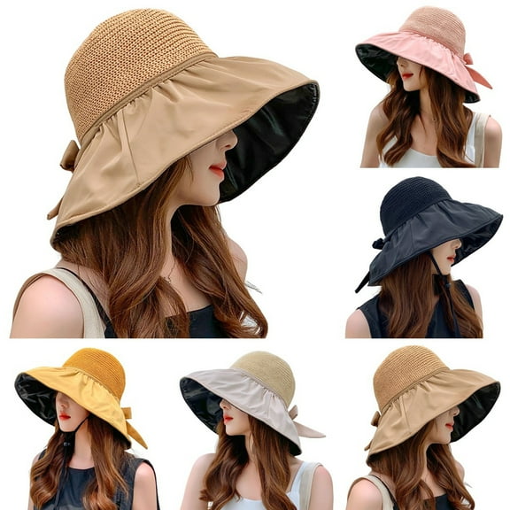 Cheers.US Women Polyester Wide Brim Sun Hats with Strap Foldable Sun Protective Bucket Hat Anti UV Beach Holiday Hat