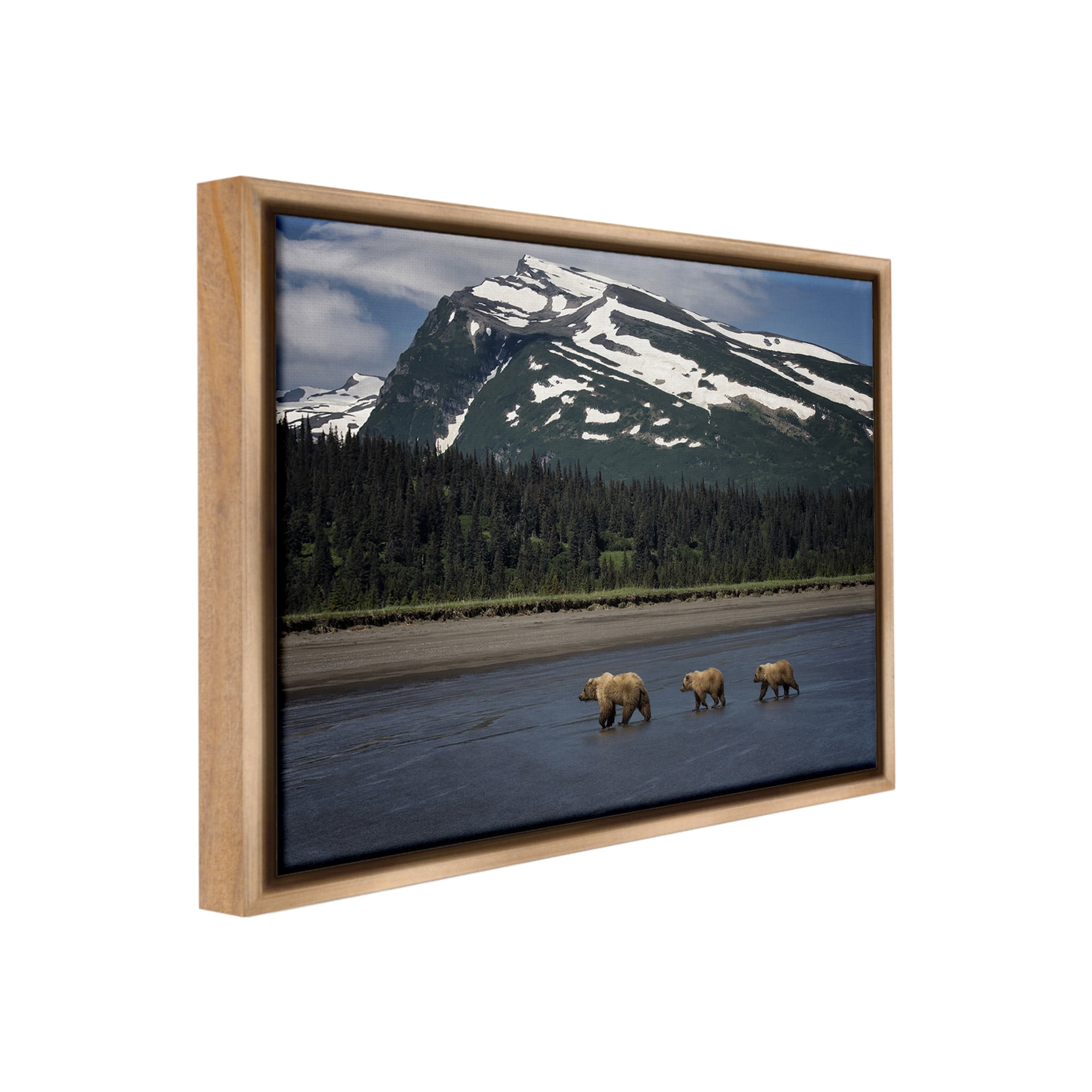 Stupell Industries Bears Crossing Icy River Landscape Photography Brown Floater Framed Canvas Art Print Wall Art, 21 x 17