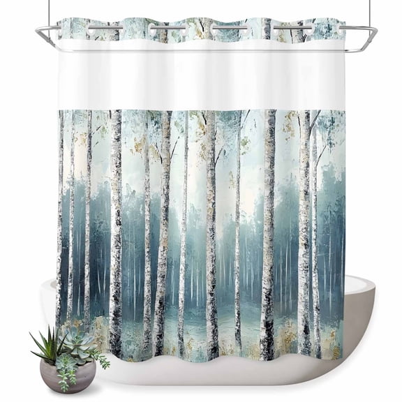 No Hook Shower Curtains for Bathroom Modernism Tree Waterproof Fabric Shower Curtain Decorative Spring Forest Scene Oil Painted Bath Tub Bath Curtains with See Through Mesh Top Window 72x72 Inch