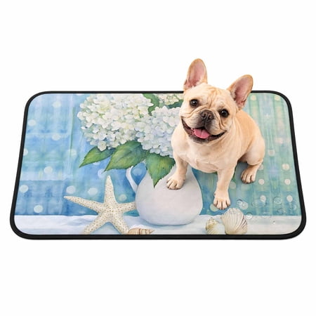 Pet Pee Pad Mat Rustic Watercolor Hydrangeas Waterproof Reusable Dog Potty Training Pad Coastal Starfish Shells Green Non Slip Pet Urine Mat for Indoor Potty Training Floor Protection 24x18 Inch