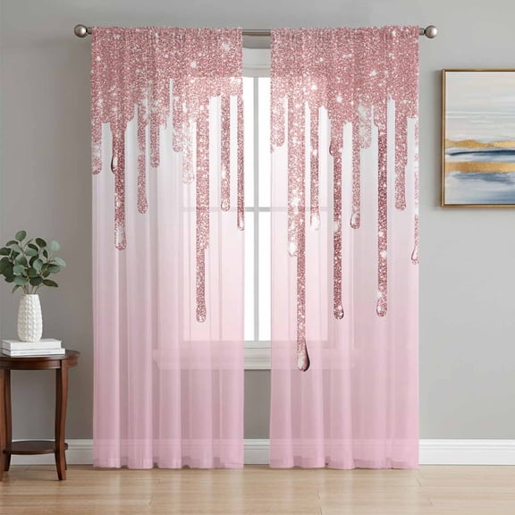 Pink Glowing Fluid Sheer Curtains 96 Inch Length 2 Panels Set, Romantic Modern Droplet Voile Window Treatment Semi Sheer Long Curtains Drapes for Bedroom/Living Room/Kitchen 52"x96"x2